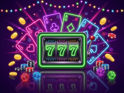 Interfaz de casino galáctico premium con slots y luces neón